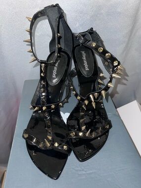 Jeffrey Campbell Black Patent Spike-Stud T-Strap Sandals